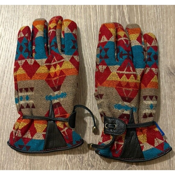 Pendleton Wool Lined Gloves S SouthWest Design With Leather Palm Leather Strap - Picture 1 of 5